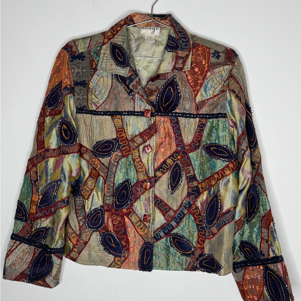 Anage Jacket Embroidery Applique Beads Vintage Size Large Silk Blend Art To Wear